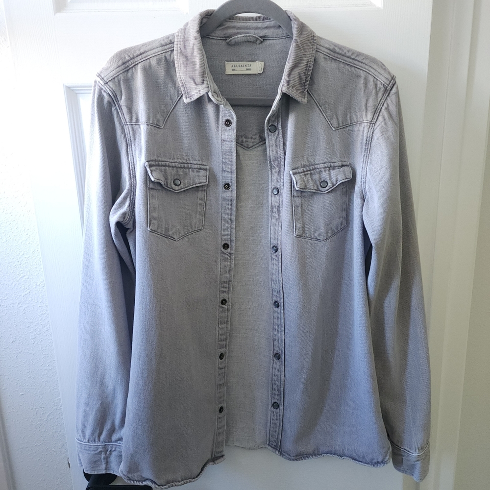 All Saints Denim Shirt Pearl Snap Button Up Corduroy Collar Grey | Size Small